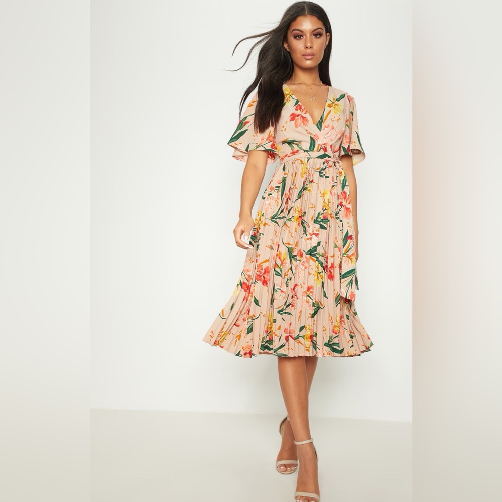 PINK FLORAL PLEATED MIDI DRESS